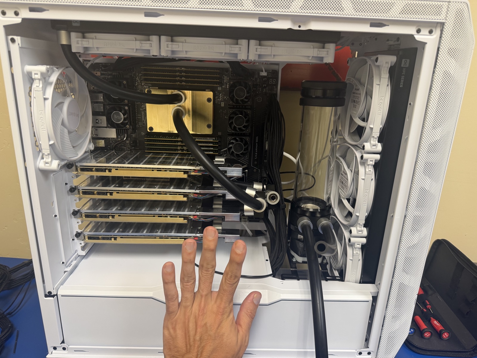 The four-card loop crammed into the Dark Base Pro 901 — blocks on every card, hand for scale