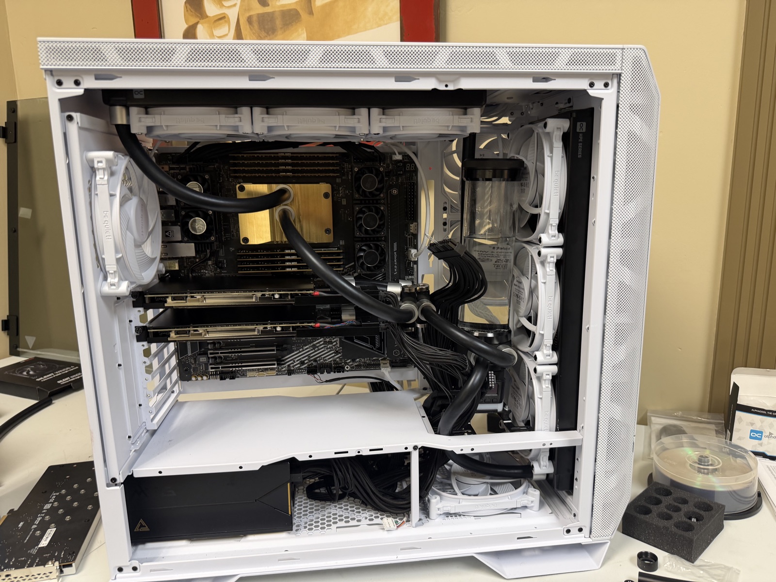 workstation-1 buttoned up — the finished two-card build in the white Dark Base Pro 901