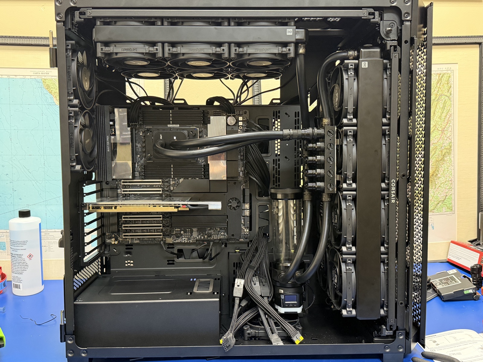 dry-fitting the loop with the first card in — rads, reservoir, and tubing all coming together